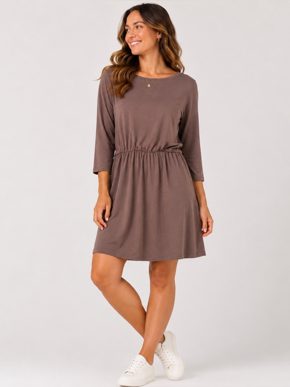 Lole Taupe Brown Boat Neck Cinched Waist Dress Large Casual Chic Minimalist